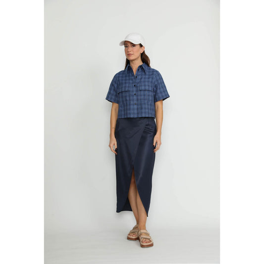 Women Littau Skirt - Littau Navy Satin Pinstripe Wrap Midi Skirt