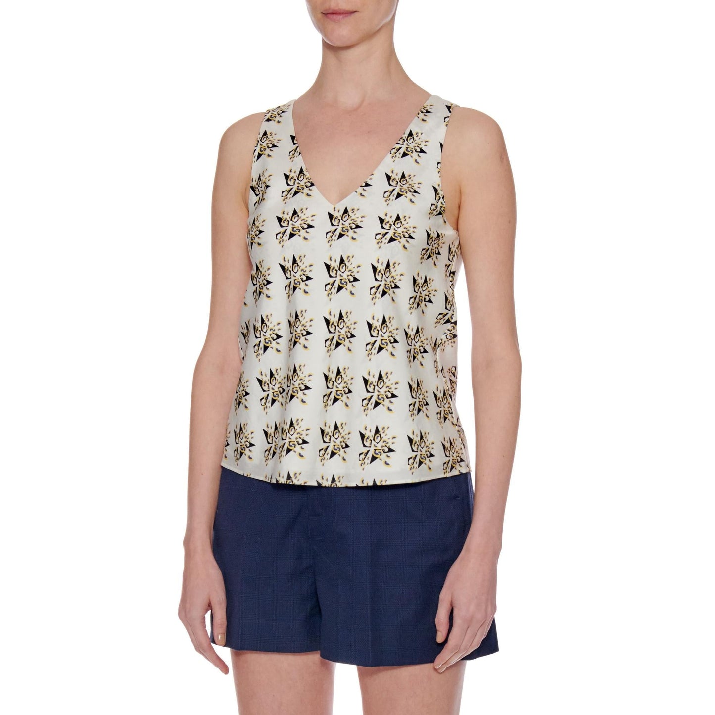 Women Burgos Top - V-Neck Sleeveless Summer Silk Top - Print Yellow