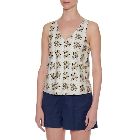 Women Burgos Top - V-Neck Sleeveless Summer Silk Top - Print Yellow