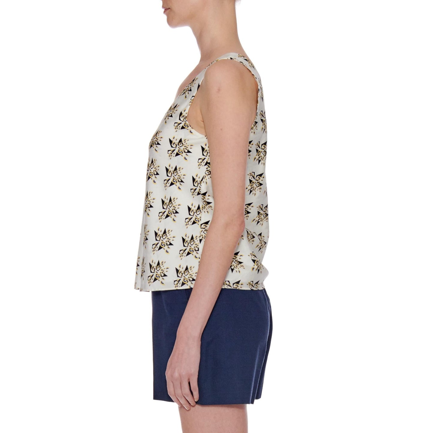 Women Burgos Top - V-Neck Sleeveless Summer Silk Top - Print Yellow