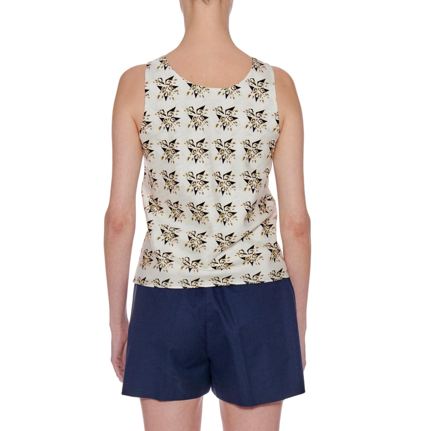 Women Burgos Top - V-Neck Sleeveless Summer Silk Top - Print Yellow