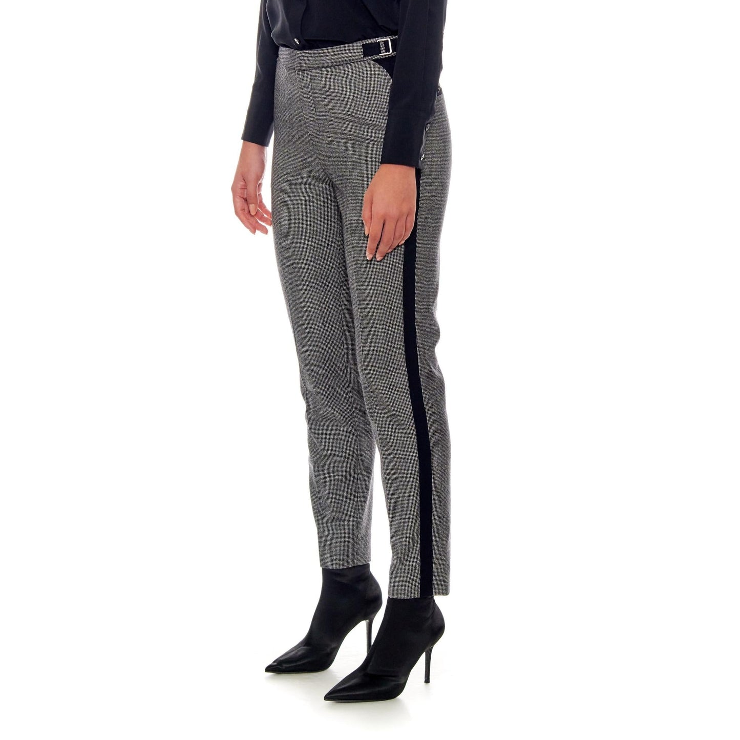 Women Lyon - High-Waisted Wool Trousers With Side Bars in Black And White Houndstooth