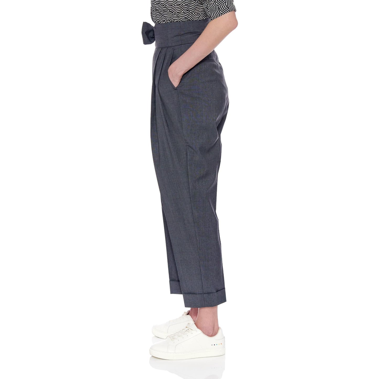Women Huesca Trousers - High Waisted Pleated Cigarette Trouser - Grey