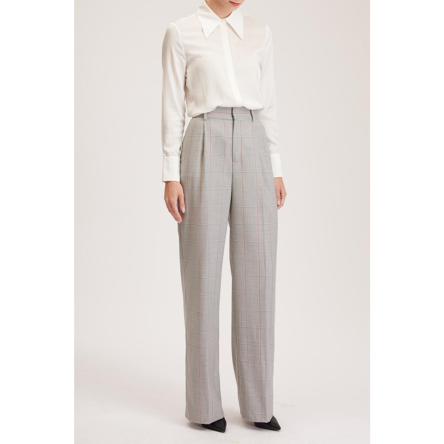 Women Almeria Trouser - Wide Leg, High Waisted Trousers in Light Grey Tartan
