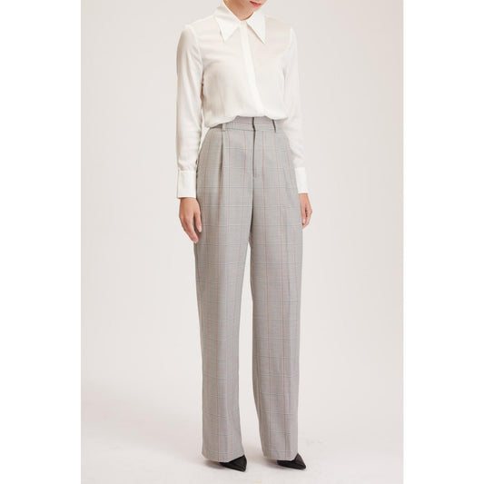 Women Almeria Trouser - Wide Leg, High Waisted Trousers in Light Grey Tartan
