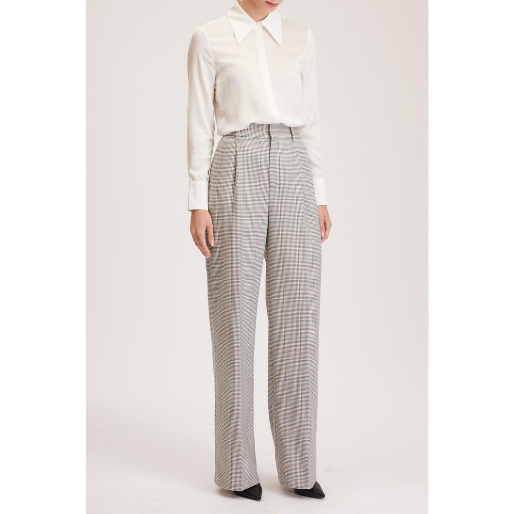 Women Almeria Trouser - Wide Leg, High Waisted Trousers in Light Grey Tartan