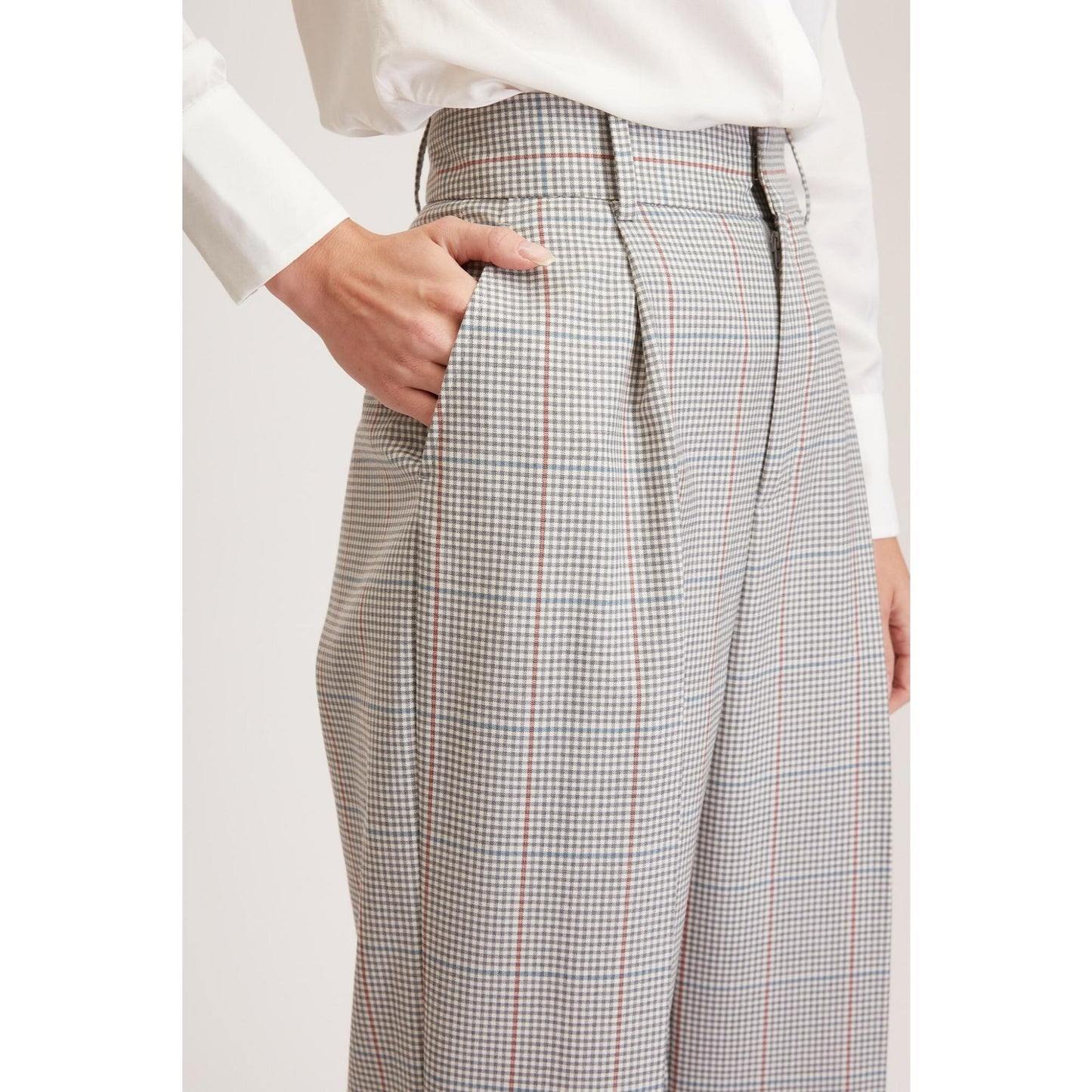 Women Almeria Trouser - Wide Leg, High Waisted Trousers in Light Grey Tartan