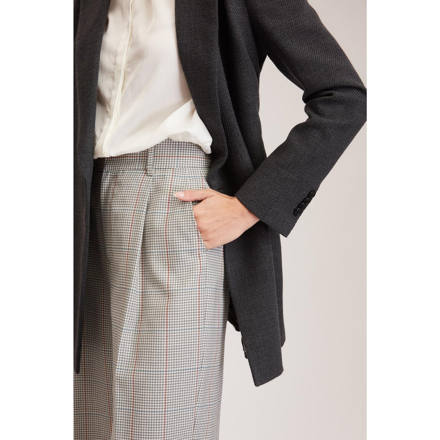 Women Almeria Trouser - Wide Leg, High Waisted Trousers in Light Grey Tartan