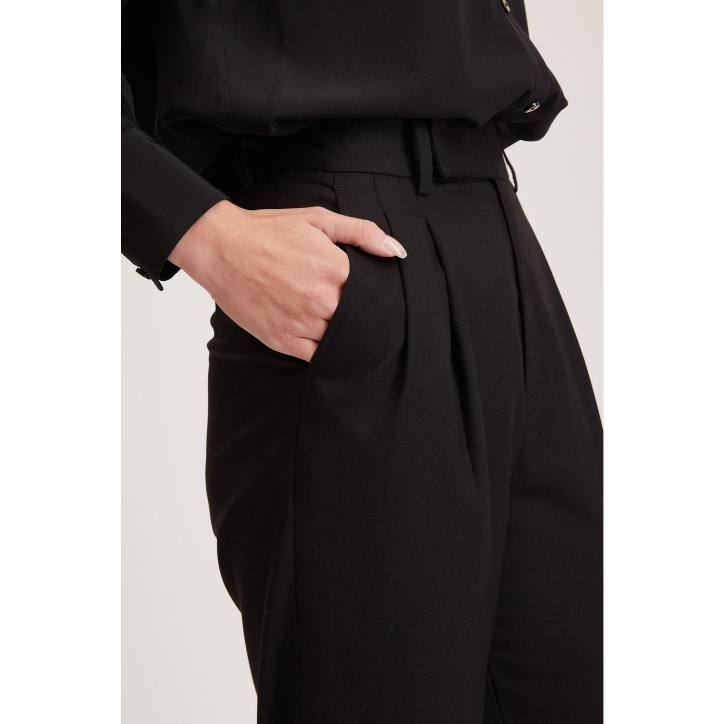 Women Southampton Trouser - High Waisted Pleated Trousers in Black Crepe
