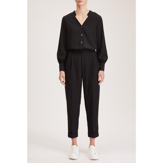 Women Southampton Trouser - High Waisted Pleated Trousers in Black Crepe