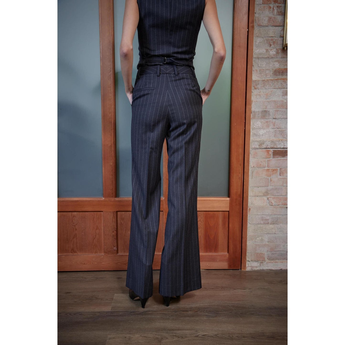 Women Bordeaux Trouser - Flared Trousers in Pinstripe - Charcoal Grey