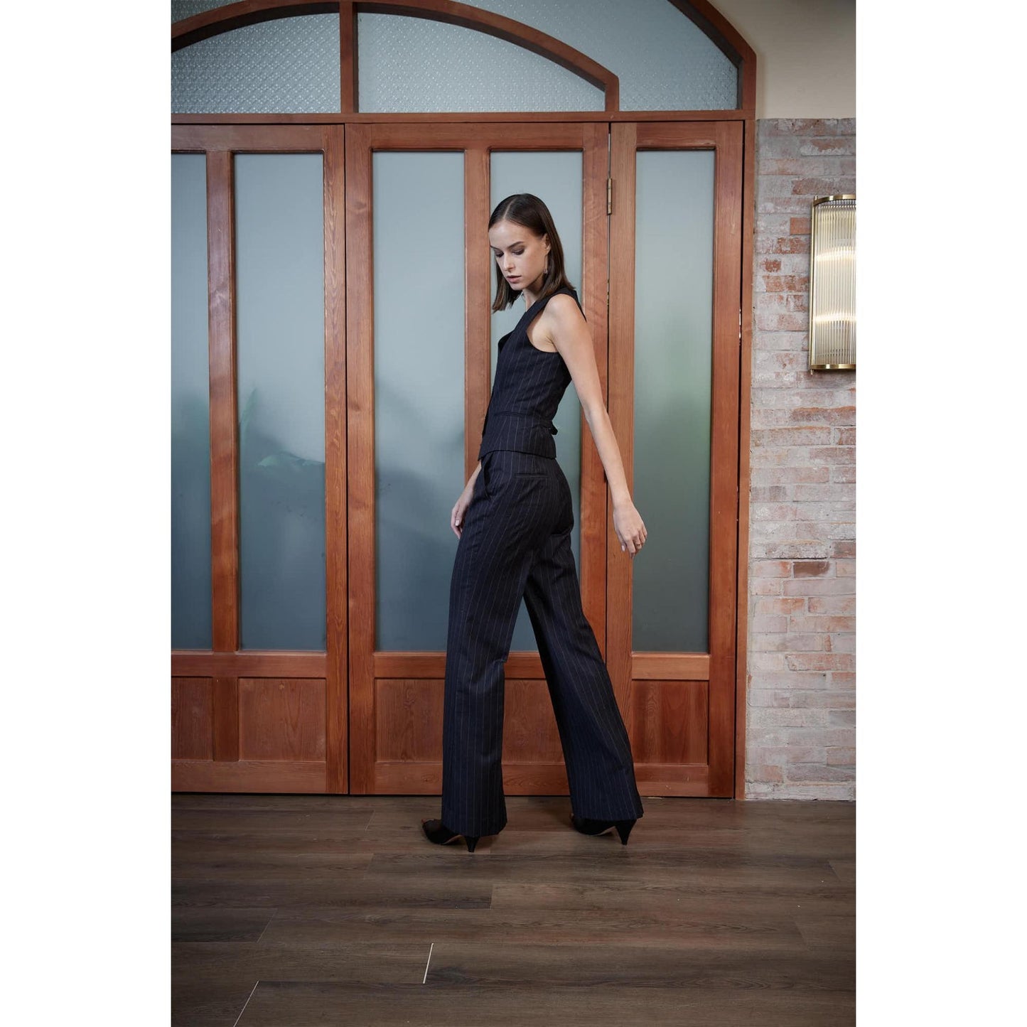 Women Bordeaux Trouser - Flared Trousers in Pinstripe - Charcoal Grey