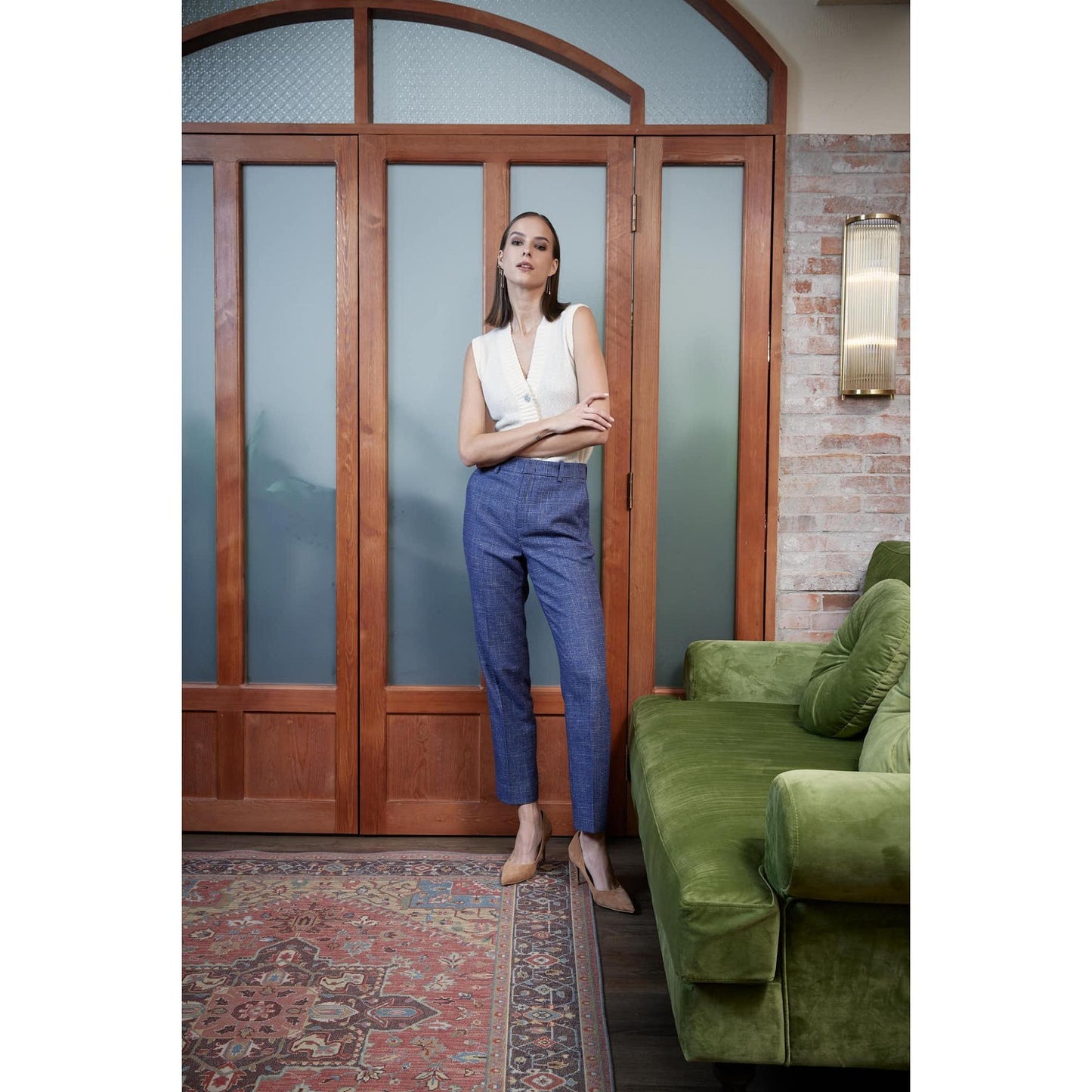 Women Castelo Branco Trousers - Straight Leg Trousers in Mini Check - Liberty Blue
