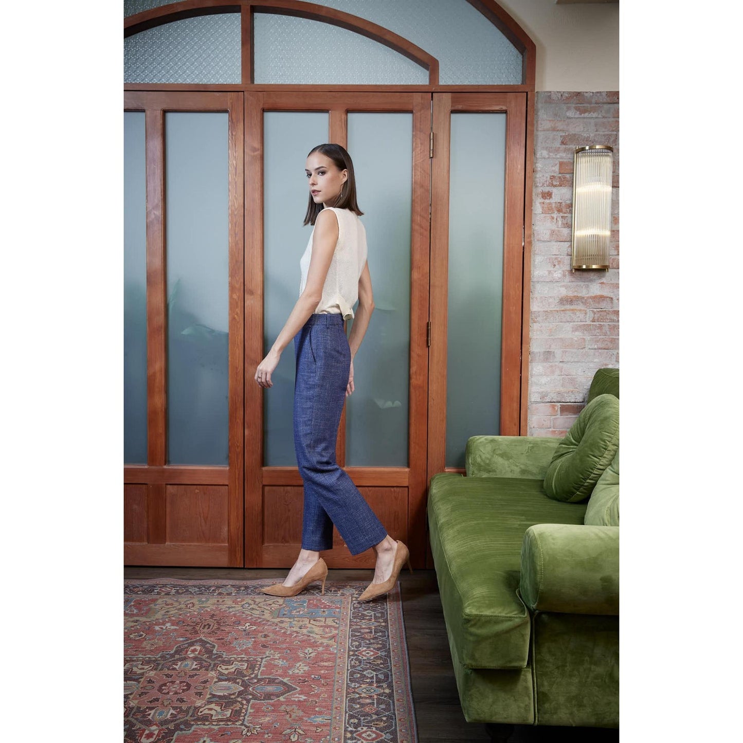 Women Castelo Branco Trousers - Straight Leg Trousers in Mini Check - Liberty Blue