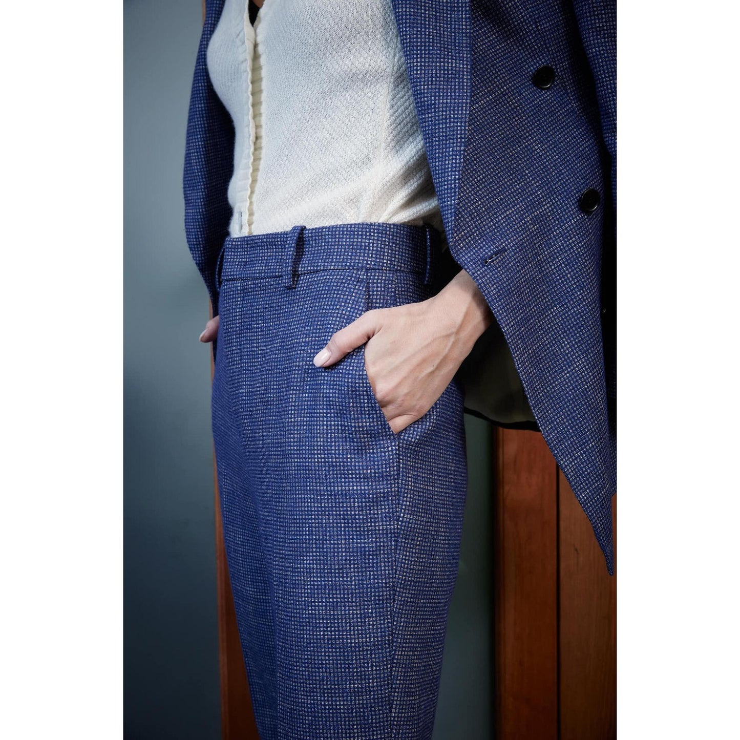 Women Castelo Branco Trousers - Straight Leg Trousers in Mini Check - Liberty Blue