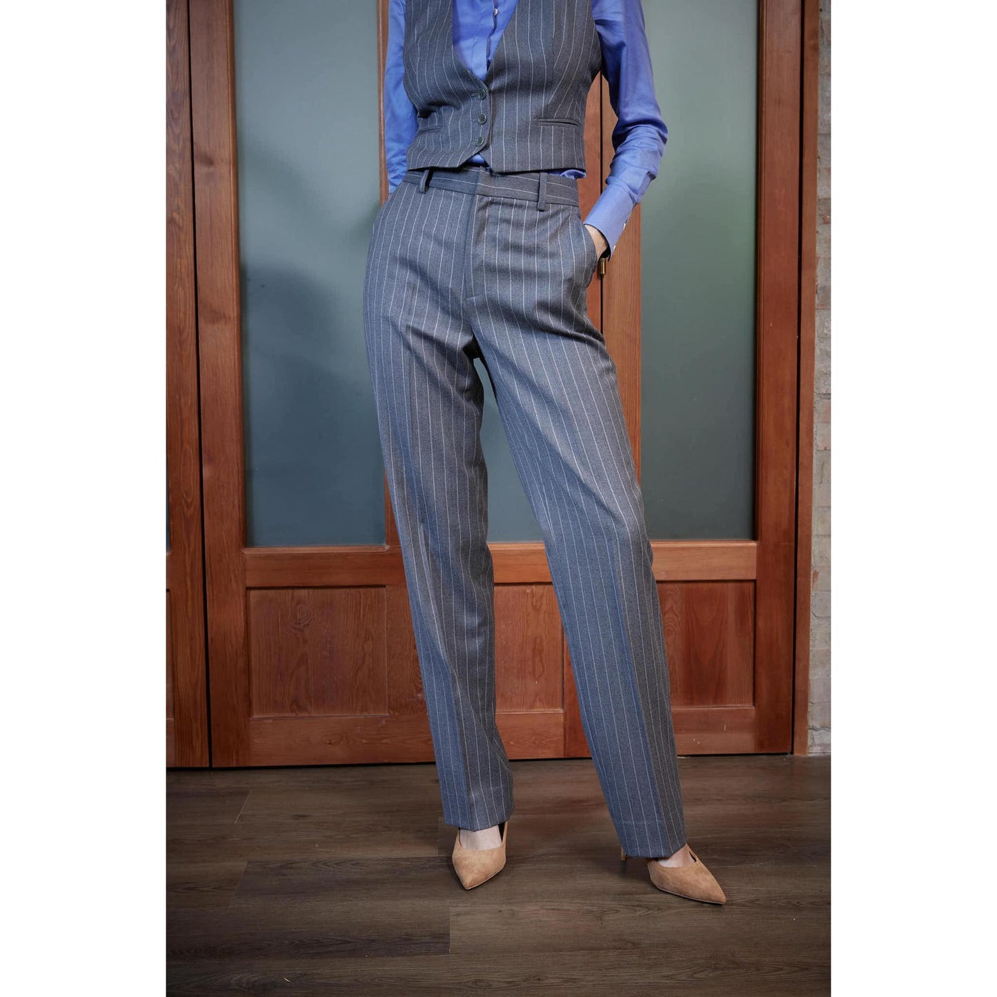 Women Elvas Trouser - Narrow Leg Trousers in Pinstripe - Slate Grey
