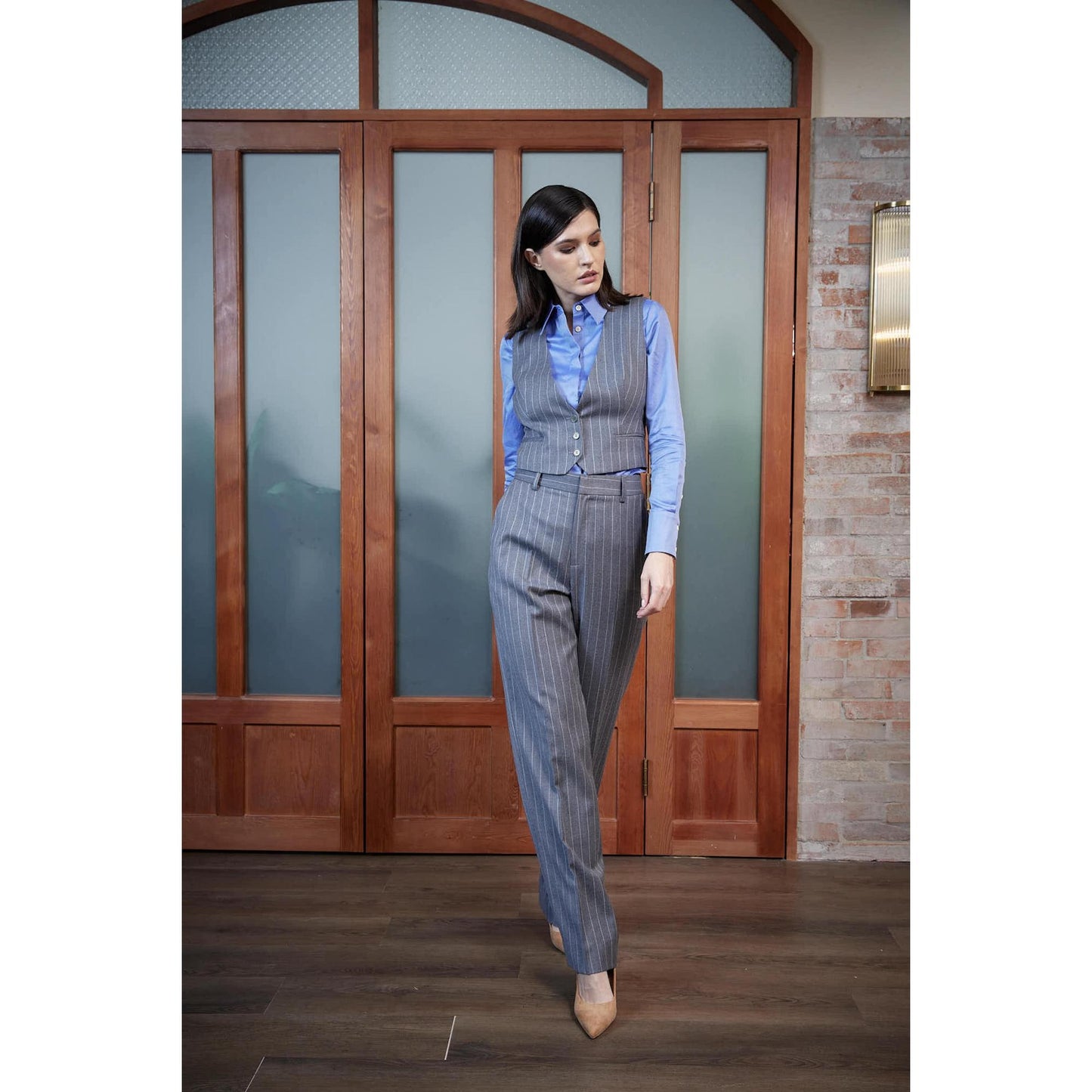 Women Elvas Trouser - Narrow Leg Trousers in Pinstripe - Slate Grey