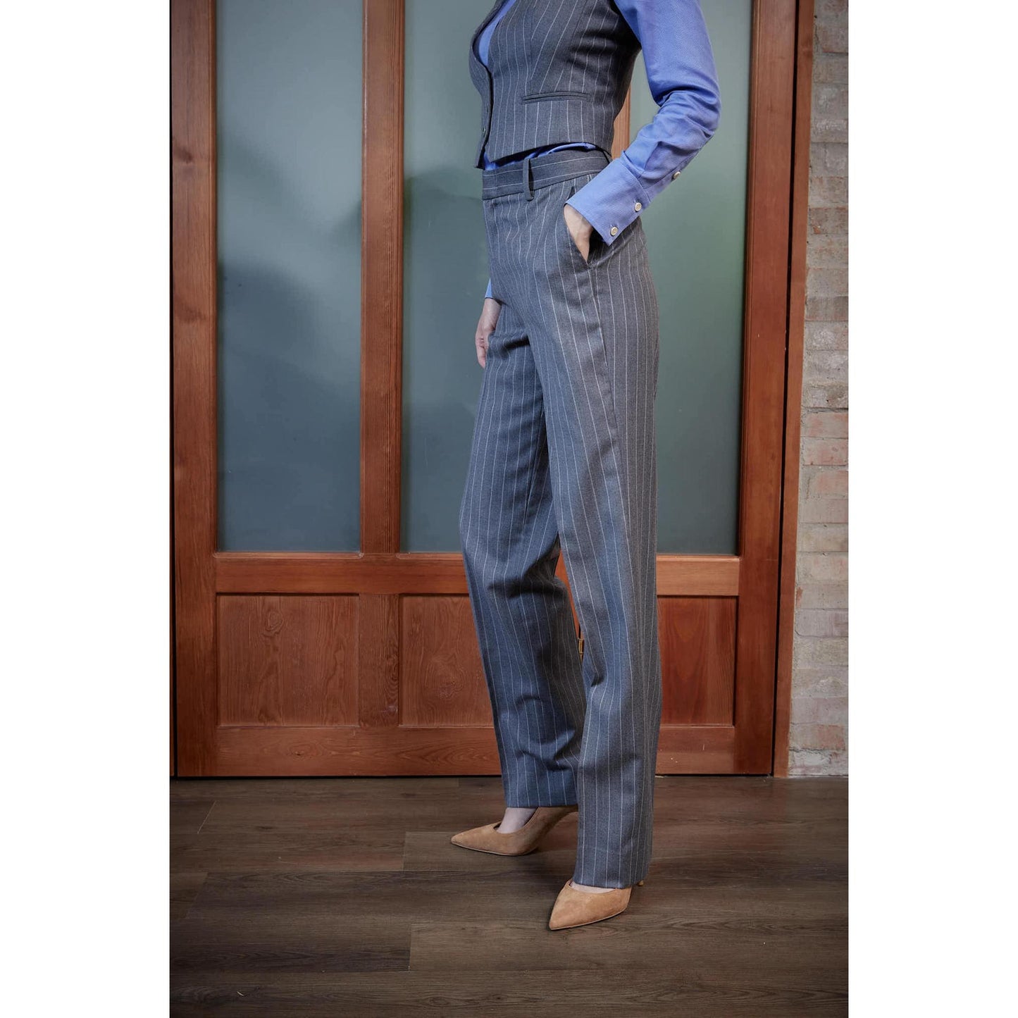 Women Elvas Trouser - Narrow Leg Trousers in Pinstripe - Slate Grey