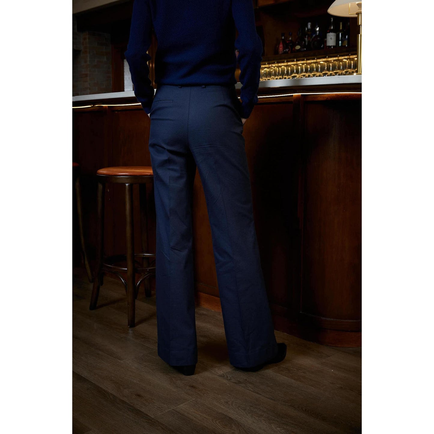 Women Bordeaux Trouser - Flared Trousers in Navy Windowpane
