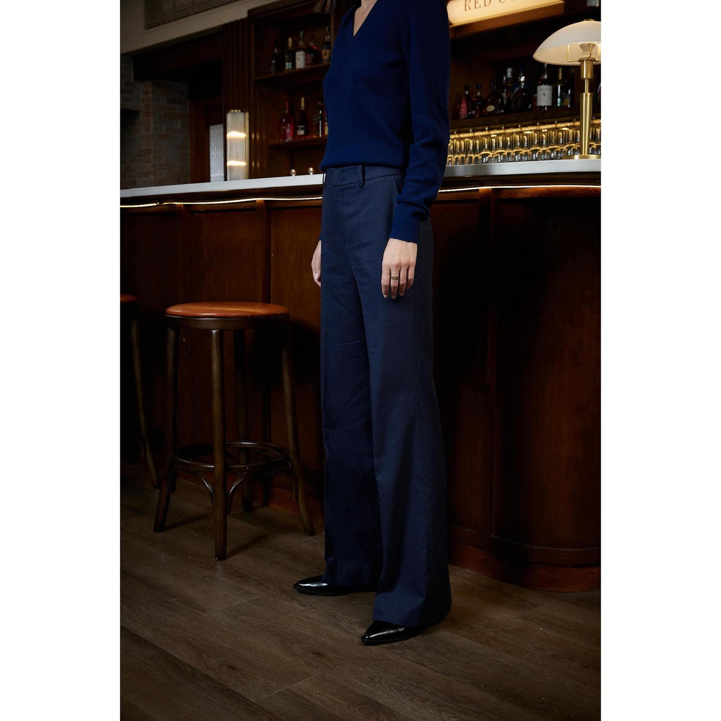 Women Bordeaux Trouser - Flared Trousers in Navy Windowpane
