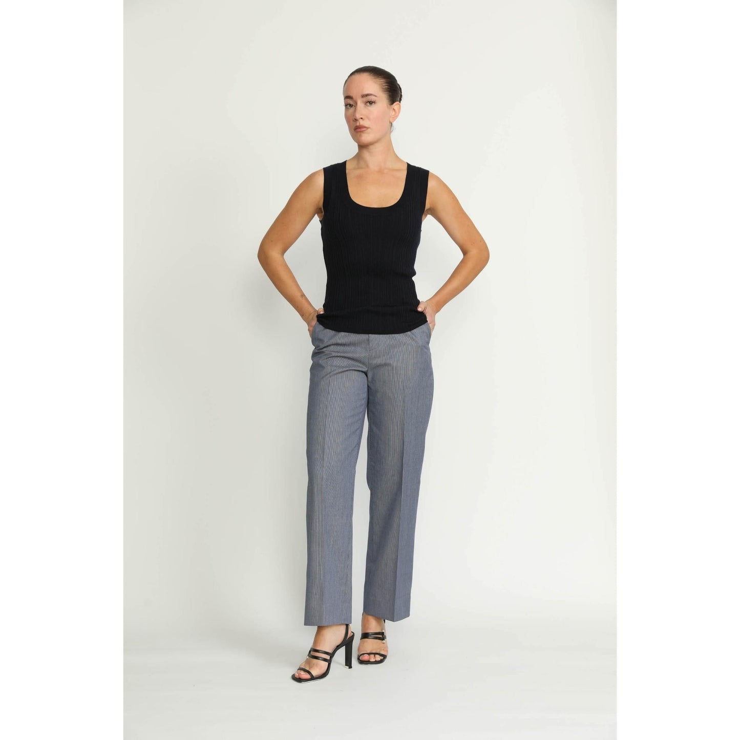 Women Manchester Trousers - Manchester High-Waisted Denim Blue Pinstripe Trousers