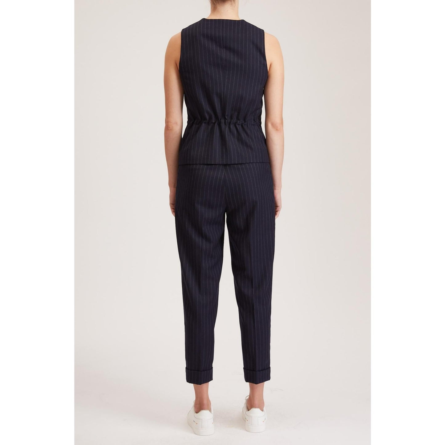 Women Blackburn Waistcoat - Double Breasted Waistcoat in Navy Pinstripe Wool