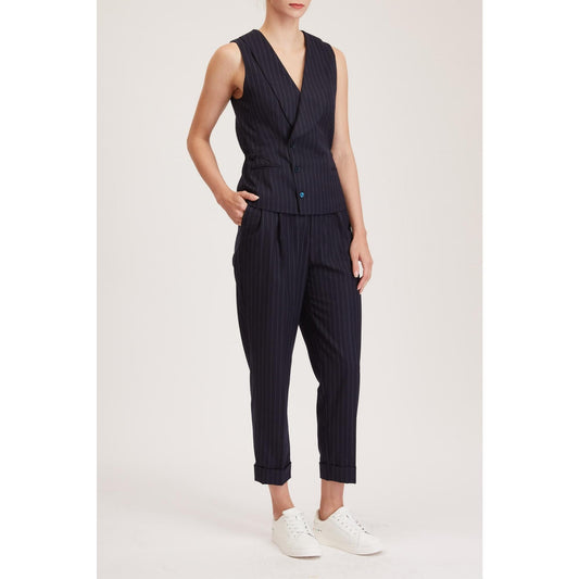 Women Blackburn Waistcoat - Double Breasted Waistcoat in Navy Pinstripe Wool