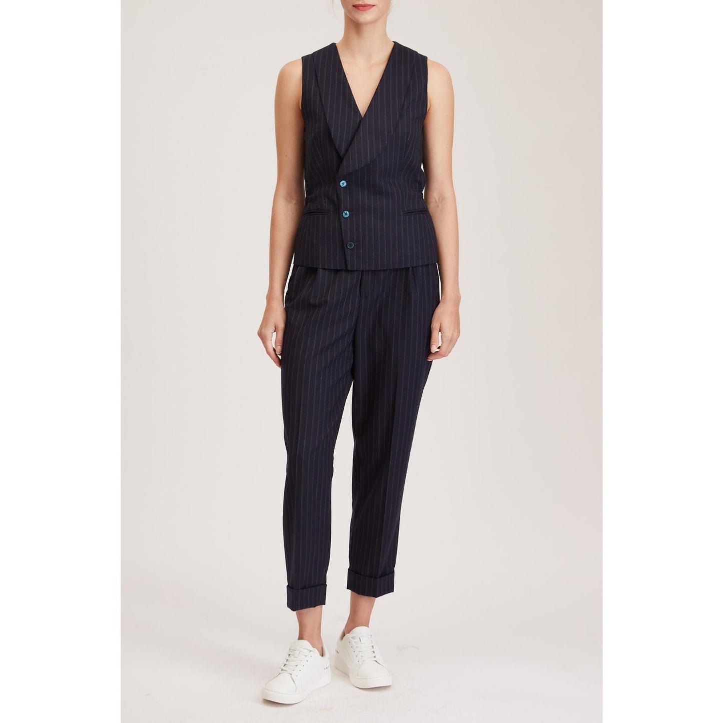 Women Blackburn Waistcoat - Double Breasted Waistcoat in Navy Pinstripe Wool