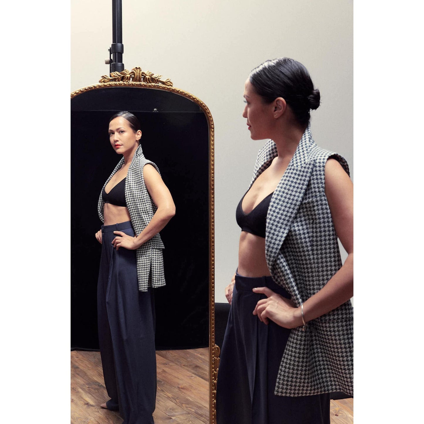 Women Naples Waistcoat - Loose Fit Sleeveless Waistcoat in Navy Dogtooth