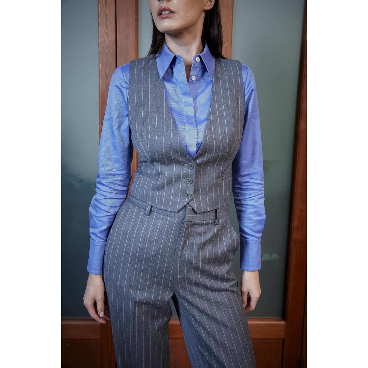Women Canico Waistcoat - Short Waistcoat in Pinstripe - Slate Grey