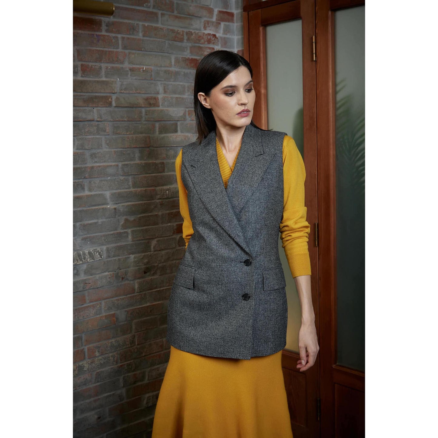 Women Beja Waistcoat - Double Breasted Waistcoat in Mini Dogtooth - Slate Grey