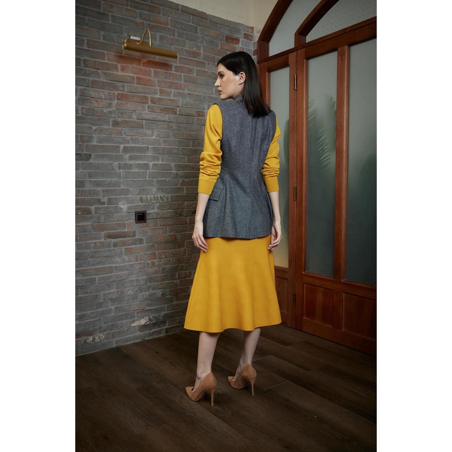 Women Beja Waistcoat - Double Breasted Waistcoat in Mini Dogtooth - Slate Grey