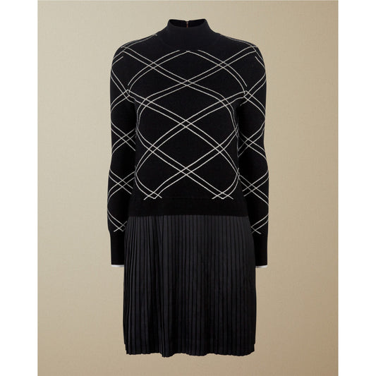 Women Floriiy-Long Sleeve Check Mockable Dress - Black
