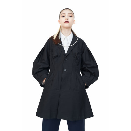 Women Beaded Trim Puff Sleeve Coat - Black