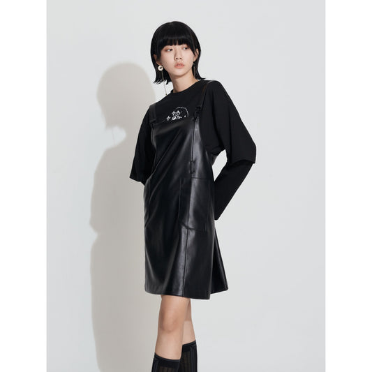 Women Faux Leather Mini Dress - Black