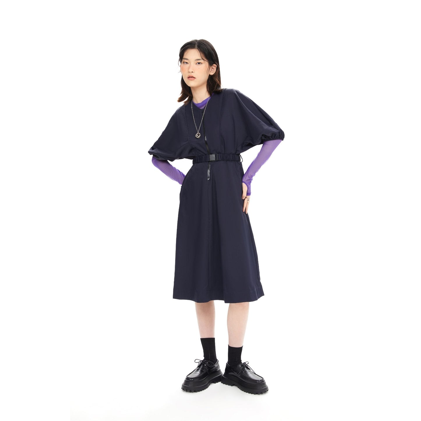 女式短袖連身裙 - 海軍藍