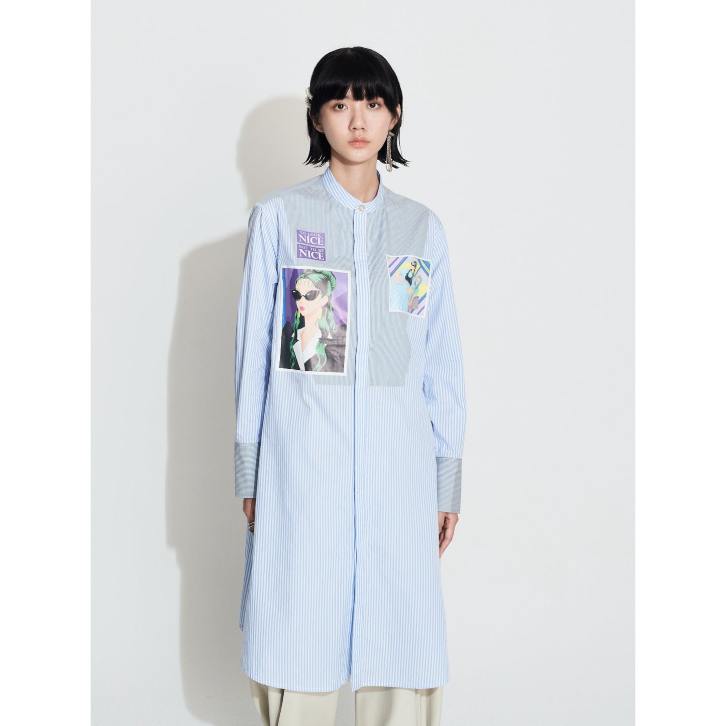 Women Printed Box Patch Shirt Dress - Light Blue