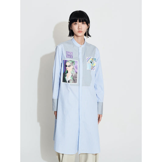 Women Printed Box Patch Shirt Dress - Light Blue