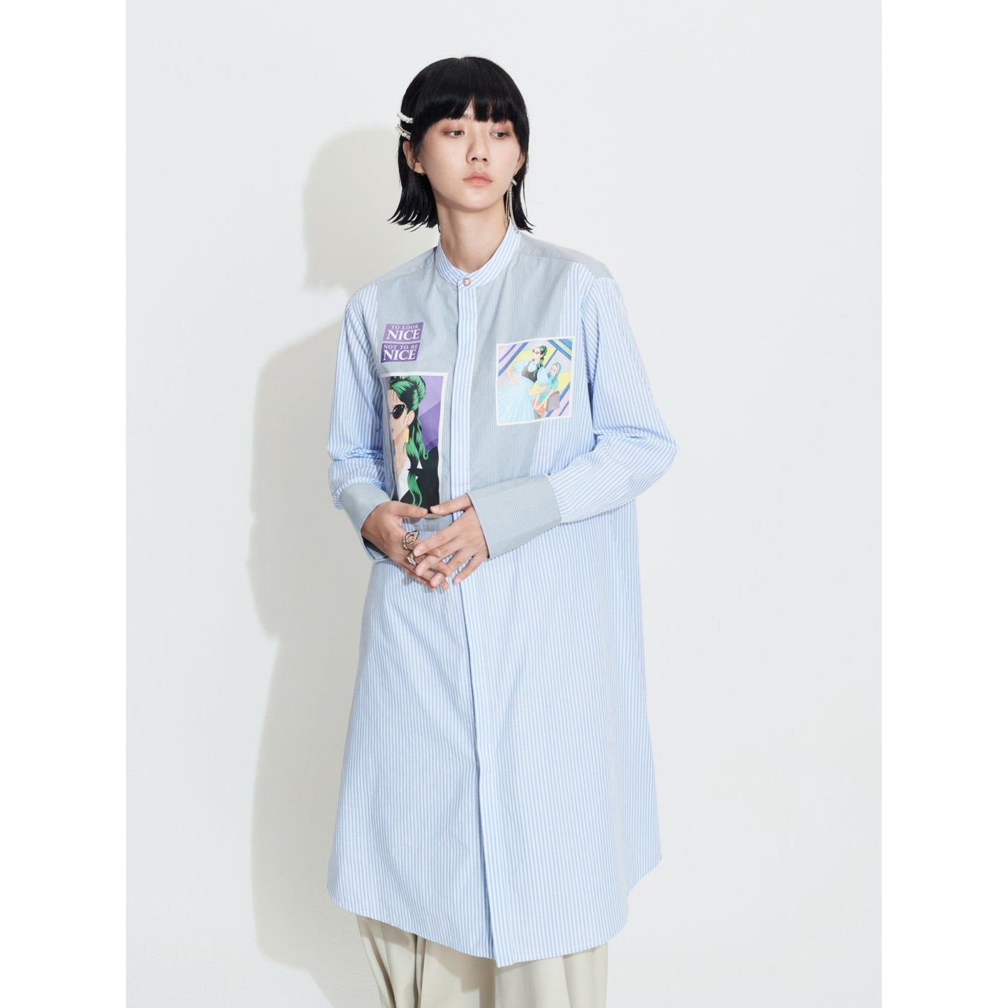 Women Printed Box Patch Shirt Dress - Light Blue