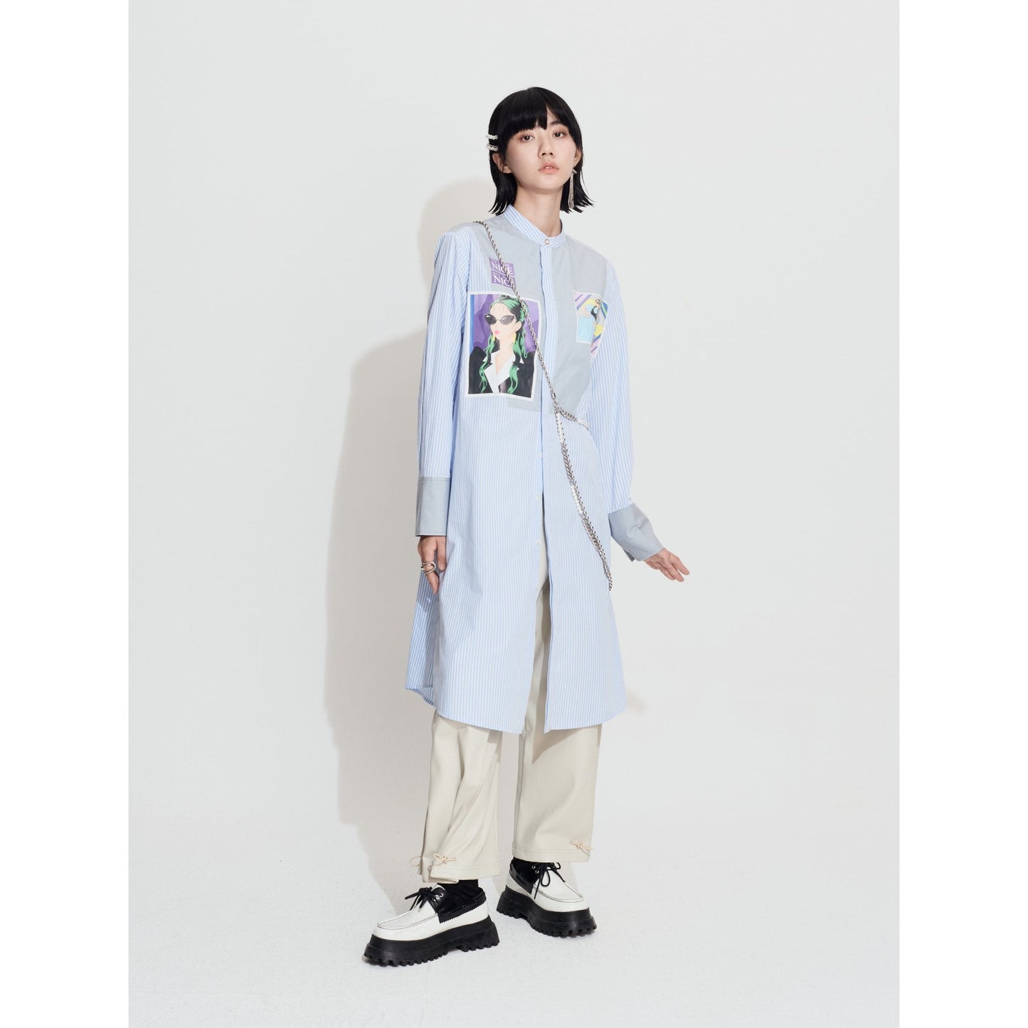 Women Printed Box Patch Shirt Dress - Light Blue
