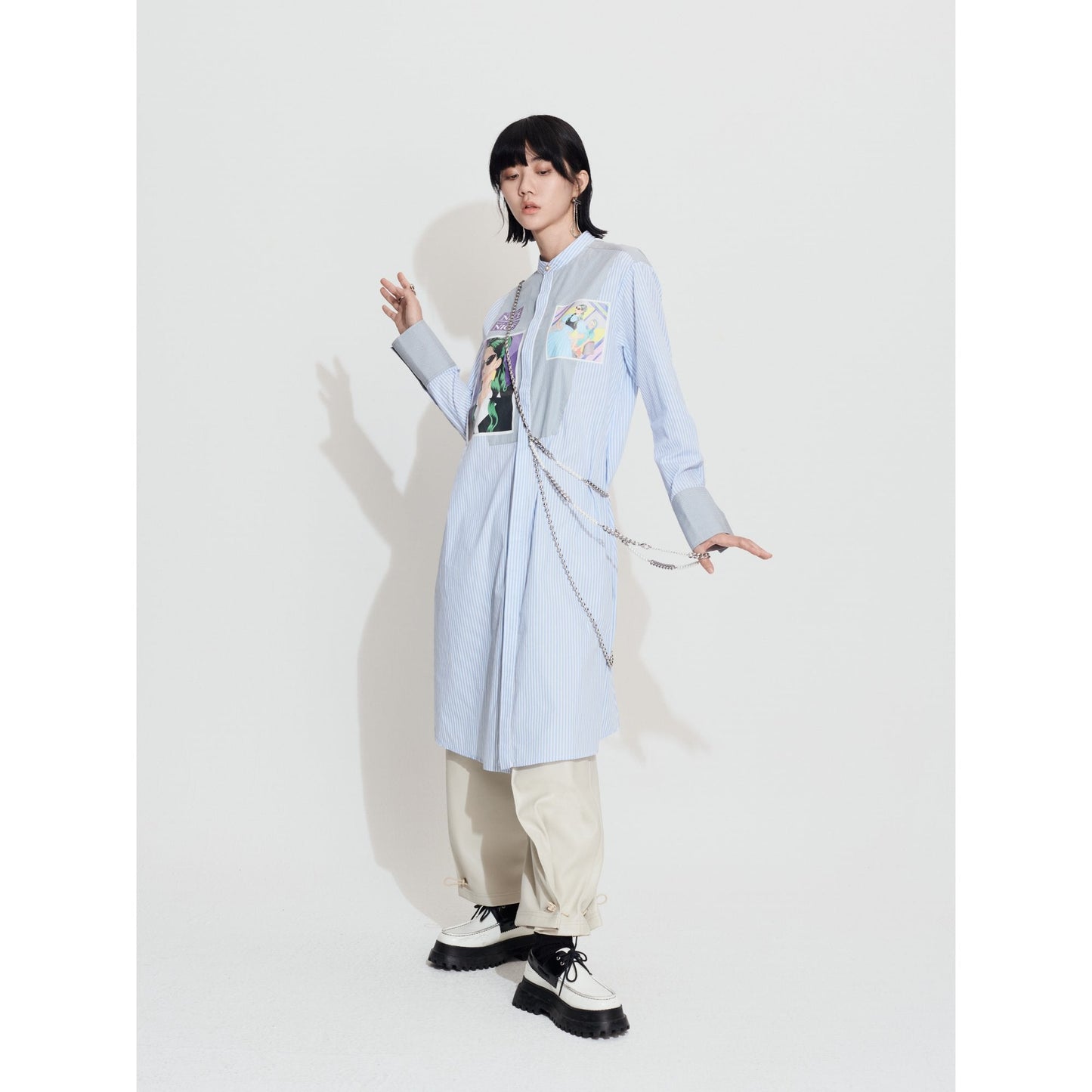 Women Printed Box Patch Shirt Dress - Light Blue