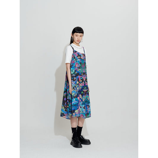 Women Asymmetric Hem Sling Back Pattern Dress - Pattern