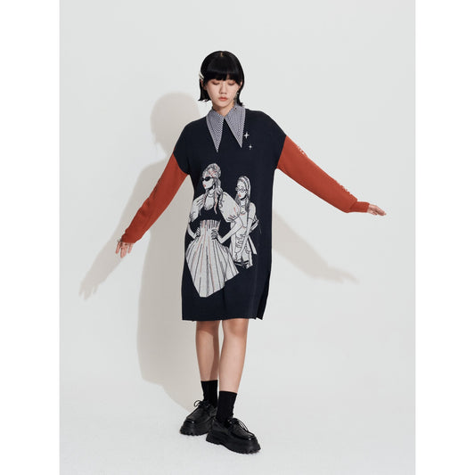 Women Jacquard Graphic Sweater Dress - Charcoal