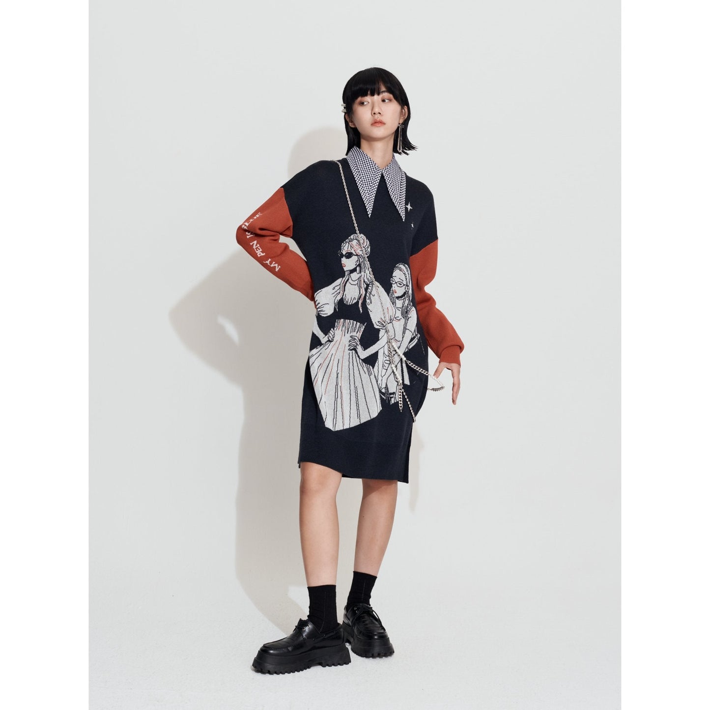 Women Jacquard Graphic Sweater Dress - Charcoal