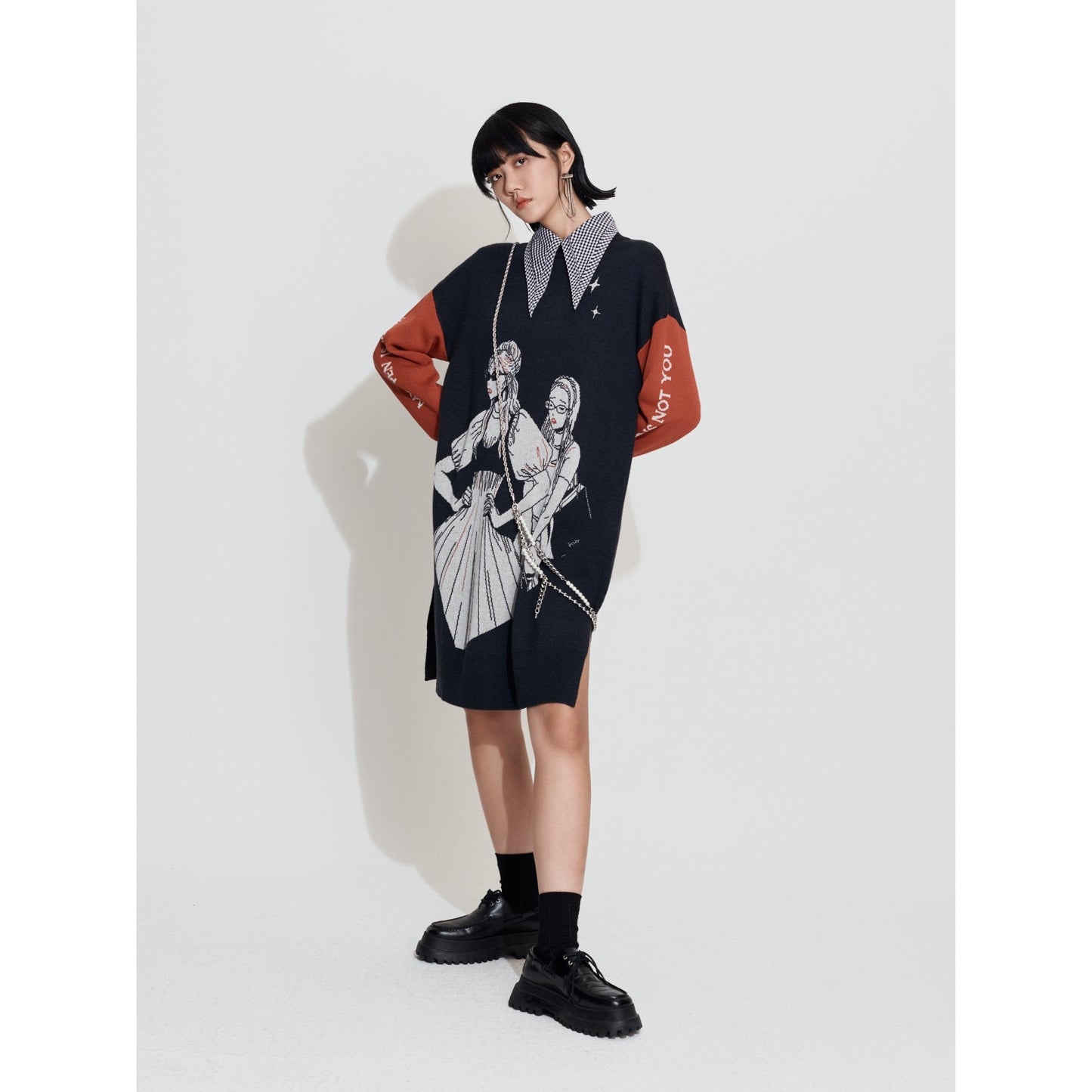 Women Jacquard Graphic Sweater Dress - Charcoal