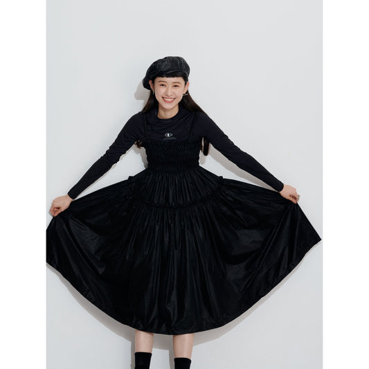 Women Smocking Sling Back Dress - Black