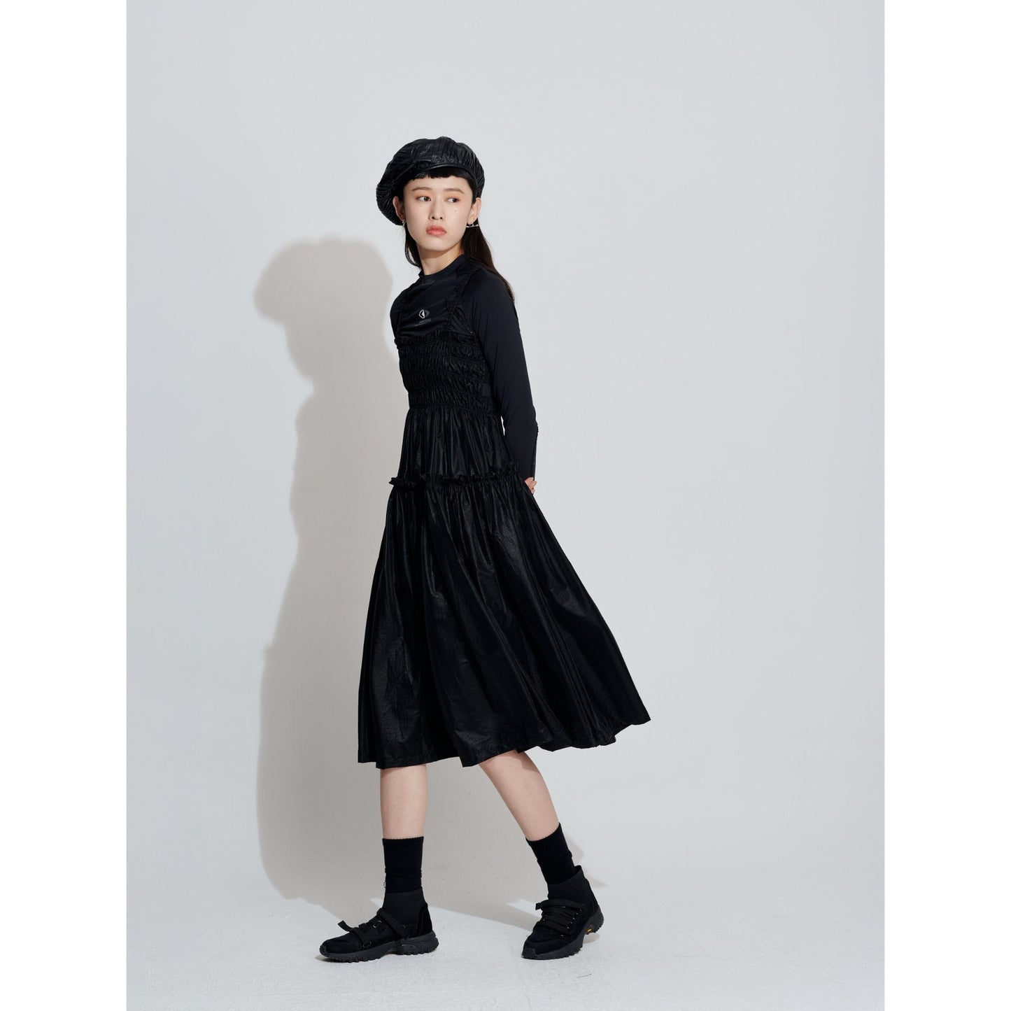 Women Smocking Sling Back Dress - Black