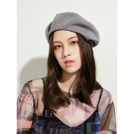 Women Button Detail Beret - Light Grey