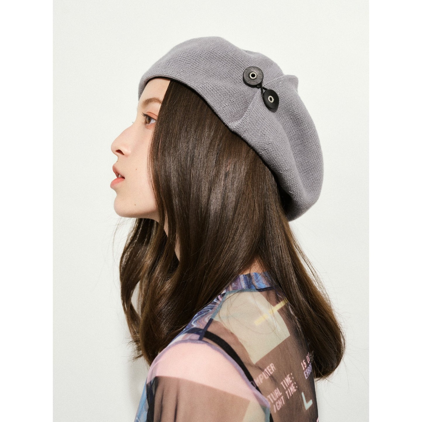 Women Button Detail Beret - Light Grey