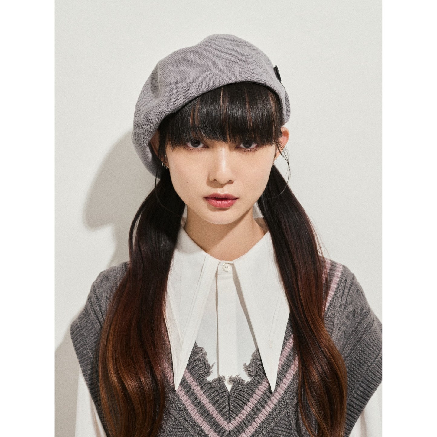 Women Button Detail Beret - Light Grey